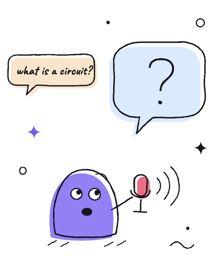 Illustration of the Manaska character asking “what is a circuit?” into a microphone
