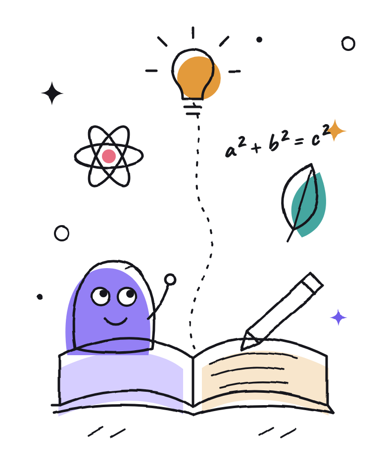 Illustration of Manaska's friendly character reading an open book, surrounded by an atom, a light bulb and a formula